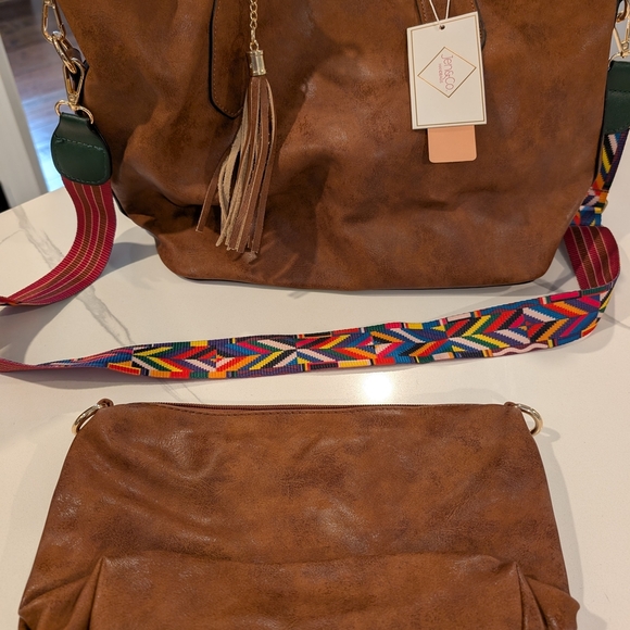 Jen And Co Brown Vegan Leather Bag In A Bag with Colorful Strap - Picture 1 of 3